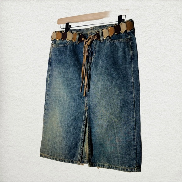 Y2K LEI Western Denim Skirt 7 | Lace-Up Front | Studded Belt | Vintage Boho Midi - Picture 5 of 8